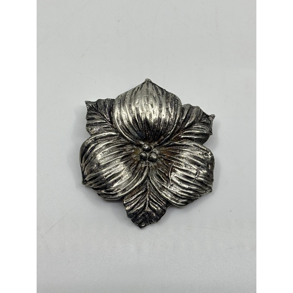 Vintage 1990 Silver Tone Textured Floral Flower Brooch Pin Signed